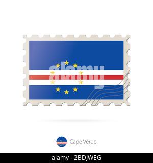 Francobollo con l'immagine della bandiera del Capo Verde. Palco bandiera di Capo Verde su sfondo bianco con ombra. Illustrazione vettoriale. Illustrazione Vettoriale