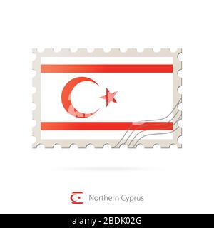 Francobollo con l'immagine della bandiera della Cipro del Nord. Palcoscenico della bandiera di Cipro del Nord su sfondo bianco con ombra. Illustrazione vettoriale. Illustrazione Vettoriale