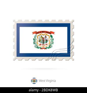 Francobollo con l'immagine della bandiera dello stato della Virginia occidentale. West Virginia Flag Posting su sfondo bianco con ombra. Illustrazione vettoriale. Illustrazione Vettoriale