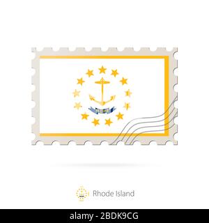 Francobollo con l'immagine della bandiera di stato di Rhode Island. Rodi Island Flag Posting su sfondo bianco con ombra. Illustrazione vettoriale. Illustrazione Vettoriale