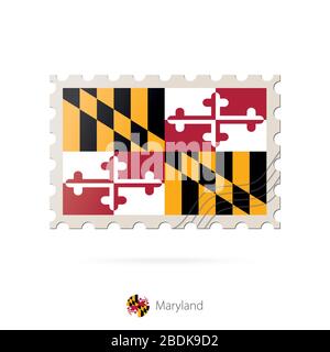 Francobollo con l'immagine della bandiera dello stato del Maryland. Palco bandiera del Maryland su sfondo bianco con ombra. Illustrazione vettoriale. Illustrazione Vettoriale