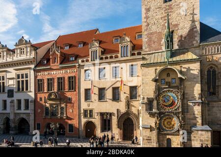 Municipio e Orologio Astronomico, Patrimonio dell'Umanità dell'UNESCO, Praga, Repubblica Ceca Foto Stock