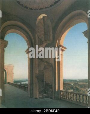 Blick vom Belvedere auf dem Pfingstberg auf die Havellandschaft bei Potsdam und Schloss Babelsberg. Foto Stock