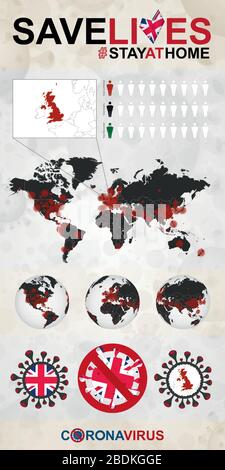Infografica su Coronavirus nel Regno Unito – soggiorno a casa, salvare vite umane. Regno Unito Flag and Map, Mappa del mondo con casi COVID-19. Illustrazione Vettoriale