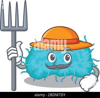 Cartoon carattere disegno di batteri prokaryote come un Farmer con cappello e forchetta Illustrazione Vettoriale