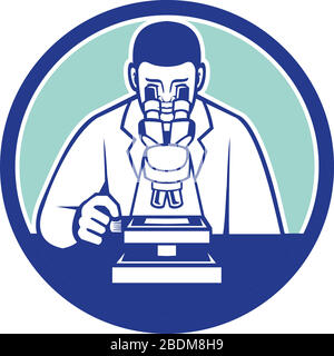 Illustrazione dell'icona della mascotte di un medico, scienziato o ricercatore che conduce la ricerca per una cura che guarda attraverso il microscopio visto dall'insieme anteriore Illustrazione Vettoriale