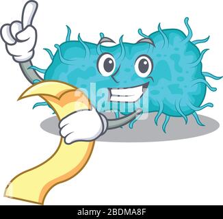 batteri prokaryote mascotte personaggio design con un menu sulla sua mano Illustrazione Vettoriale