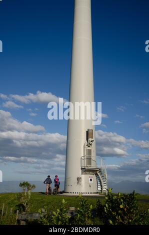 WELLINGTON, NUOVA ZELANDA - 4 aprile 2020: Persone in piedi accanto alla turbina eolica di Brooklyn Foto Stock