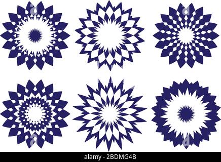 Elemento di design rotondo e astratto ispirato al caleidoscopio. Pattern vettoriale in blu mezzanotte isolato su sfondo bianco Illustrazione Vettoriale