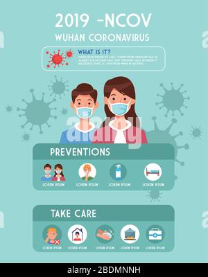 volantino pandemico covid19 con coppia utilizzando maschere facciali infografiche Illustrazione Vettoriale