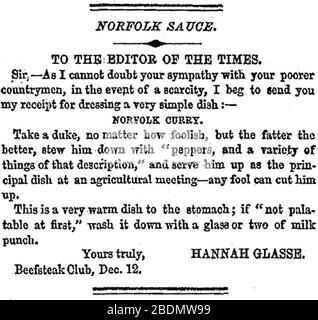 Hannah Glasse lettera ai tempi. Foto Stock