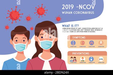 volantino pandemico covid19 con coppia utilizzando maschere facciali infografiche Illustrazione Vettoriale