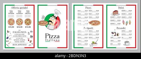 Modello menu pizzeria italiana - pizze, pasta, dessert, bevande - 2 x A4 (210x297 mm) Illustrazione Vettoriale