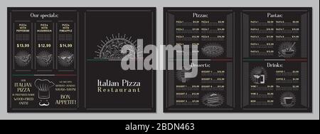 Menu del ristorante Italian Pizza - carta A4 (pizze, pasta, dessert, bevande) Illustrazione Vettoriale