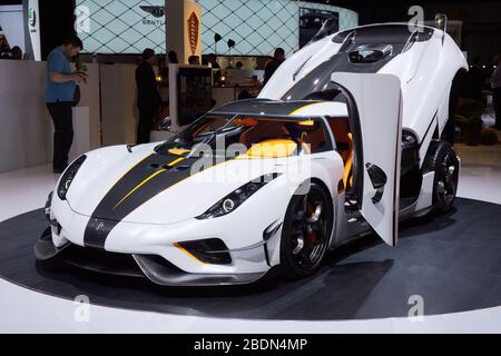 GINEVRA, SVIZZERA - 6 marzo 2018: Koenigsegg Regera nel sito della fiera automobilistica di Koenigsegg, nell'ottantottesima esposizione internazionale di Ginevra a Palexpo Foto Stock