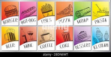 Poster colorati del menu del ristorante - formato A4 (210x297 mm) Illustrazione Vettoriale