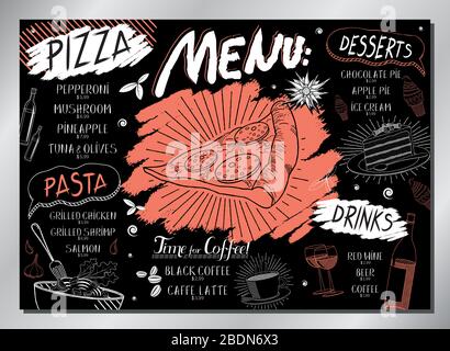 Menu da tavolo per pizza d'epoca (pizza, pasta, dessert, bevande) - formato A3 (420 x 297 mm) Illustrazione Vettoriale