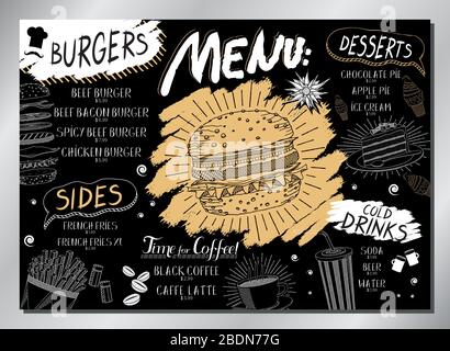 Menu da tavolo con hamburger d'epoca (hamburger, patatine fritte, dessert, bevande) - formato A3 (420 x 297 mm) Illustrazione Vettoriale