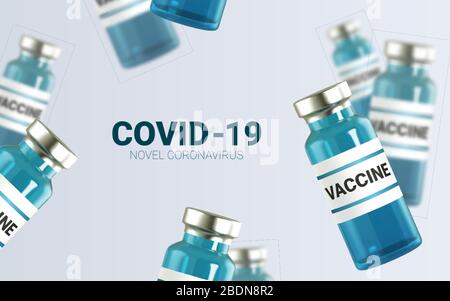 Fiale di vetro 3d realistiche con il medicinale. Iniezione di vaccino. Infezione da virus corona, nuova malattia da coronavirus 2019, COVID-19,nCoV 2019. Vettore Illustrazione Vettoriale