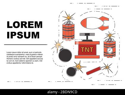 Volantino o biglietto di auguri disegno esplosivo retro dinamite set per l'estrazione di icone colorate collezione di illustrazione vettoriale piatta su sfondo bianco Illustrazione Vettoriale