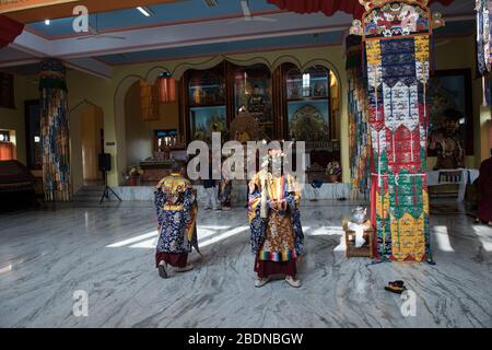 Monaci tibetani che si preparano alla danza Cham, suonati durante il Losar (Capodanno tibetano) a Gurupura Tibetan Settlement, Karnataka, India del Sud. Foto Stock