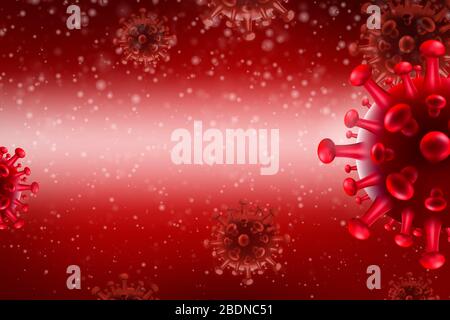 Contesto per l'epidemia di influenza asiatica e il concetto di influenza dei coronavirus. Coronavirus COVID-19 su fondo rosso. Banner orizzontale, poster, intestazione per w Foto Stock
