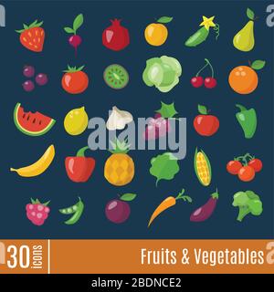 Icone piatte in frutta e verdura icone infografiche set. Illustrazione Vettoriale