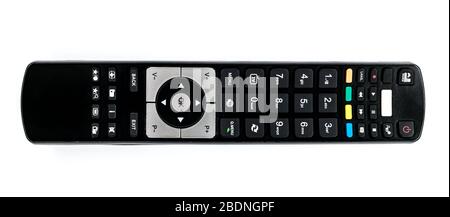 usato telecomando multimediale su sfondo bianco Foto Stock