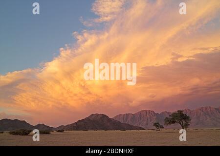 Paesaggio del deserto del Namib al tramonto con montagne aspre e nuvole drammatiche, la Namibia Foto Stock