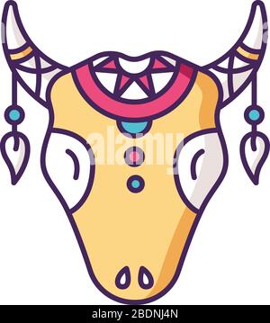 Icona di colore RGB della testa del bestiame tribale. Cranio di mucca con piume, simbolo indiano nativo americano in stile boho. Testa animale selvaggio, tribù amuleto mistico Illustrazione Vettoriale