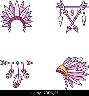Cappello indiano nativo americano e amuleto RGB icone colore set. Il capo della tribù headdress con le piume. Fascino in stile boho con frecce e denti. Etnico Illustrazione Vettoriale