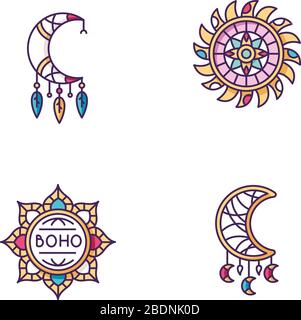 Accessori stile boho RGB icone colore set. Amuleti esoterici. Fiore di loto, mandala indiano. Amuleti a mezzaluna. Il fascino fatto a mano di Dreamcather Illustrazione Vettoriale