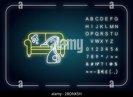 Mobili pulitura a secco neon icona luce. Divano lavaggio, lavanderia, arredamento pulizia delicata. Effetto luminoso esterno. Firmare con l'alfabeto, i numeri e. Illustrazione Vettoriale