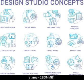 Agenzia di progettazione, insieme icone concept officina. La struttura creativa dello studio, i team di progettazione e i passi creativi del processo idea le illustrazioni di colore RGB della linea sottile Illustrazione Vettoriale