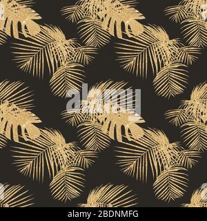 Motivo senza cuciture con foglie di palma tropicale realizzate con glitter dorato, vintage, sfondo grunge. Foto Stock