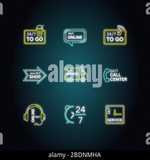 set di icone delle luci al neon per manutenzione 24 7 ore. Assistenza clienti online 24 ore su 24. Consegna disponibile tutti i giorni. Cartello veicolo per trasporto. Segni con esterno Illustrazione Vettoriale
