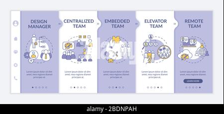 Tipi di modello vettoriale di onboarding del team di progettazione. Ascensore lavoro di squadra. Gruppo di lavoro remoto e interno. Sito Web mobile reattivo con icone. Pagina Web Illustrazione Vettoriale