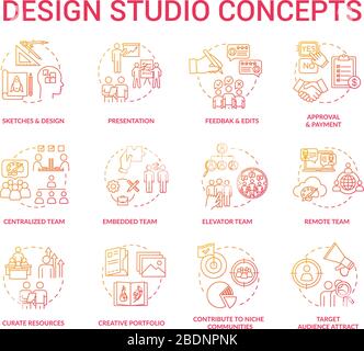 Agenzia di progettazione, set di icone creative per workshop. Progettisti collaborazione team tipi e fasi creative processo idea sottile linea RGB illustrazioni a colori Illustrazione Vettoriale