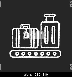 Bagaglio sul nastro trasportatore, icona bianca su sfondo nero. Bagagli con etichette sul carosello. Checkpoint del terminal dell'aeroporto per le borse. Custodie per passeggeri Illustrazione Vettoriale