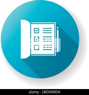 Apri il notebook blu disegno piatto a lunga ombra icona glifo. Elenco con caselle di controllo contrassegnate. Contrassegnare le caselle per il sondaggio. Carte scolastiche. Report Office. Compilare il rapporto Illustrazione Vettoriale