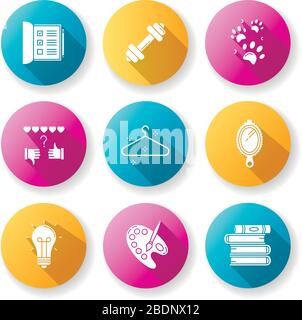 Set di icone glyph dal design piatto e dallo stile di vita dall'ombra lunga. Elenco per lavoro. Attività sportive. Stampa zampe PET. Tasso di revisione. Appendiabiti vuoto. Specchietto manuale. Creativo Illustrazione Vettoriale