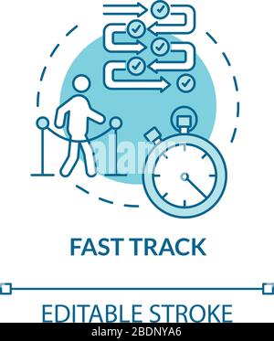 Icona del concetto di fast track di AirPort. VIP pass della compagnia aerea, volo di classe di lusso vantaggio idea linea sottile illustrazione. Controllo passaporti, viaggio breve. Vettore Illustrazione Vettoriale