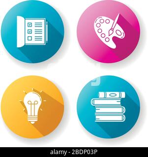 Hobby e lavoro disegno piano icone glyph ombra lunga set. Aprire il notebook. Caselle di controllo nell'elenco. Tavolozza artista con pennello. Lampadina luminosa Illustrazione Vettoriale