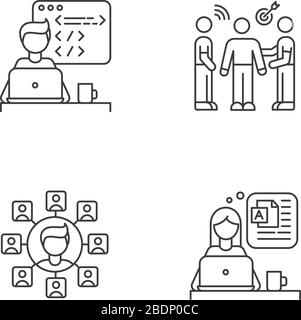 Set di icone lineari per pixel Perfect Distant Works. Sviluppatore di Web e PR ufficiale, blogger di social media. Simboli di contorno a linea sottile personalizzabili. Isolato Illustrazione Vettoriale
