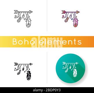 Freccia e piume amuleto in stile boho icona. Simbolo mistico indiano nativo americano. Dreamcatcher talisman. Accessorio vintage. Nero lineare e RGB Illustrazione Vettoriale