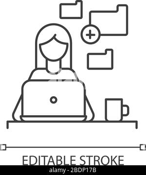 Icona lineare perfetta pixel lavori di immissione dati. Attività di dati e compilazione di moduli, formattazione di documenti di testo. Illustrazione personalizzabile a linee sottili. Simbolo contorno Illustrazione Vettoriale