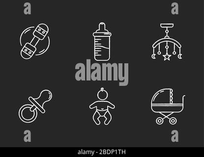 Servizio baby care gesso icone bianche su sfondo nero. Giocattoli per neonati. Decorazione per camera da letto neonato. Succhietto e biberon. Neonati Illustrazione Vettoriale
