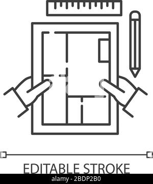 Icona lineare perfetta pixel designer d'interni. Locali design, appartamento pianta architettonica. Illustrazione personalizzabile a linee sottili. Simbolo contorno Illustrazione Vettoriale