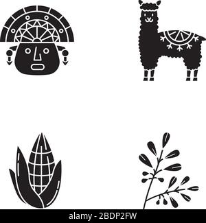 Perù icone glyph nero impostato su spazio bianco. Caratteristiche del paese andino. Alpaca, incas, mais, coca. Storia degli Incas e tradizioni di vita. Costumi peruviani Illustrazione Vettoriale