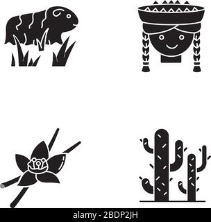 Perù icone glyph nero impostato su spazio bianco. Caratteristiche per il paese di Incas. Porcellino della Guinea, ragazza peruviana, vaniglia, cactus. In viaggio in Sud America Illustrazione Vettoriale